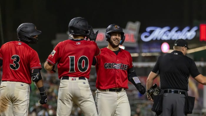 Kody Huff after hitting a two-run home run for the Fresno Grizzlies.